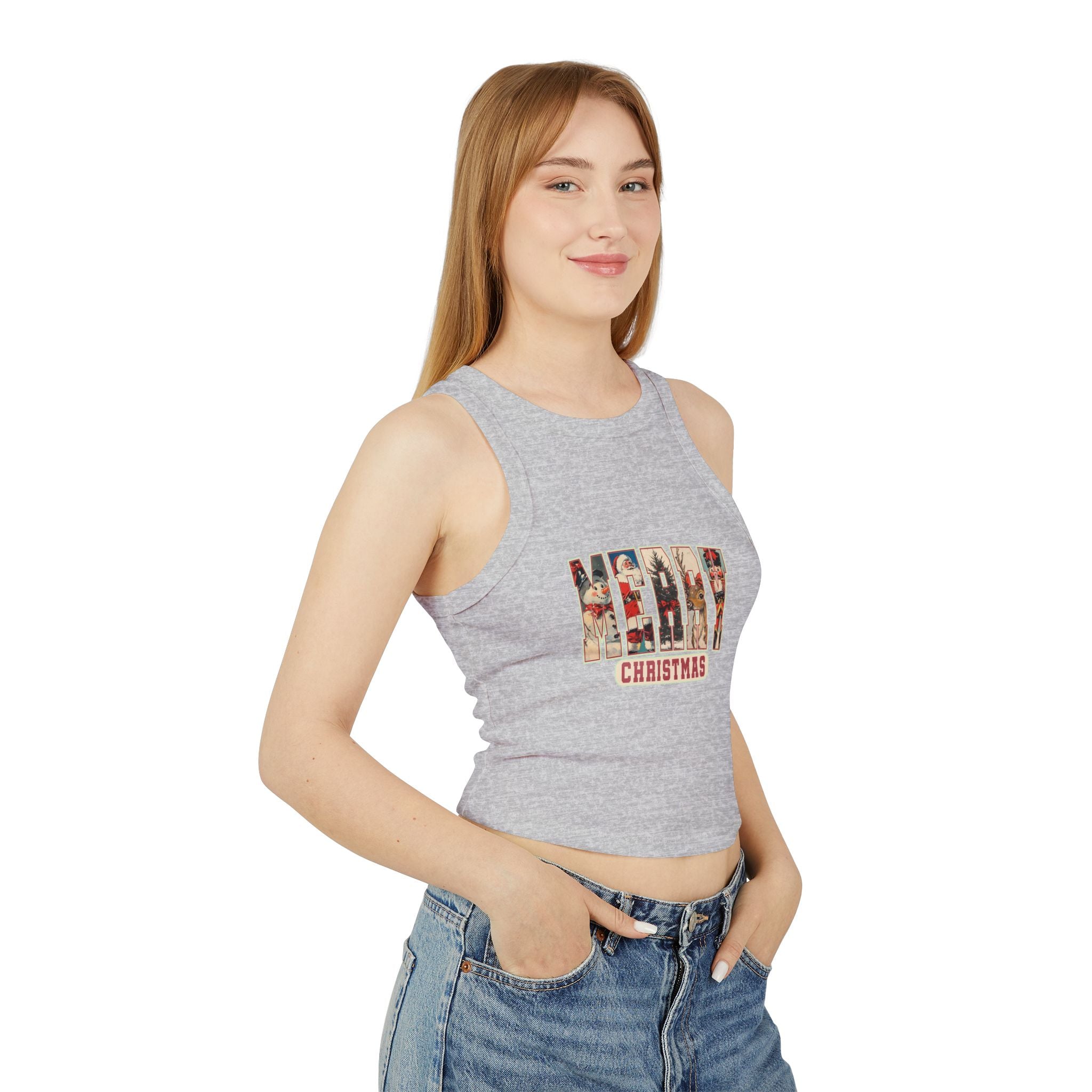 Merry Christmas Tank Top, Vintage Holiday Letter Design, Retro Santa Reindeer and Snowman Graphic Tee, Festive Christmas Gift Shirt