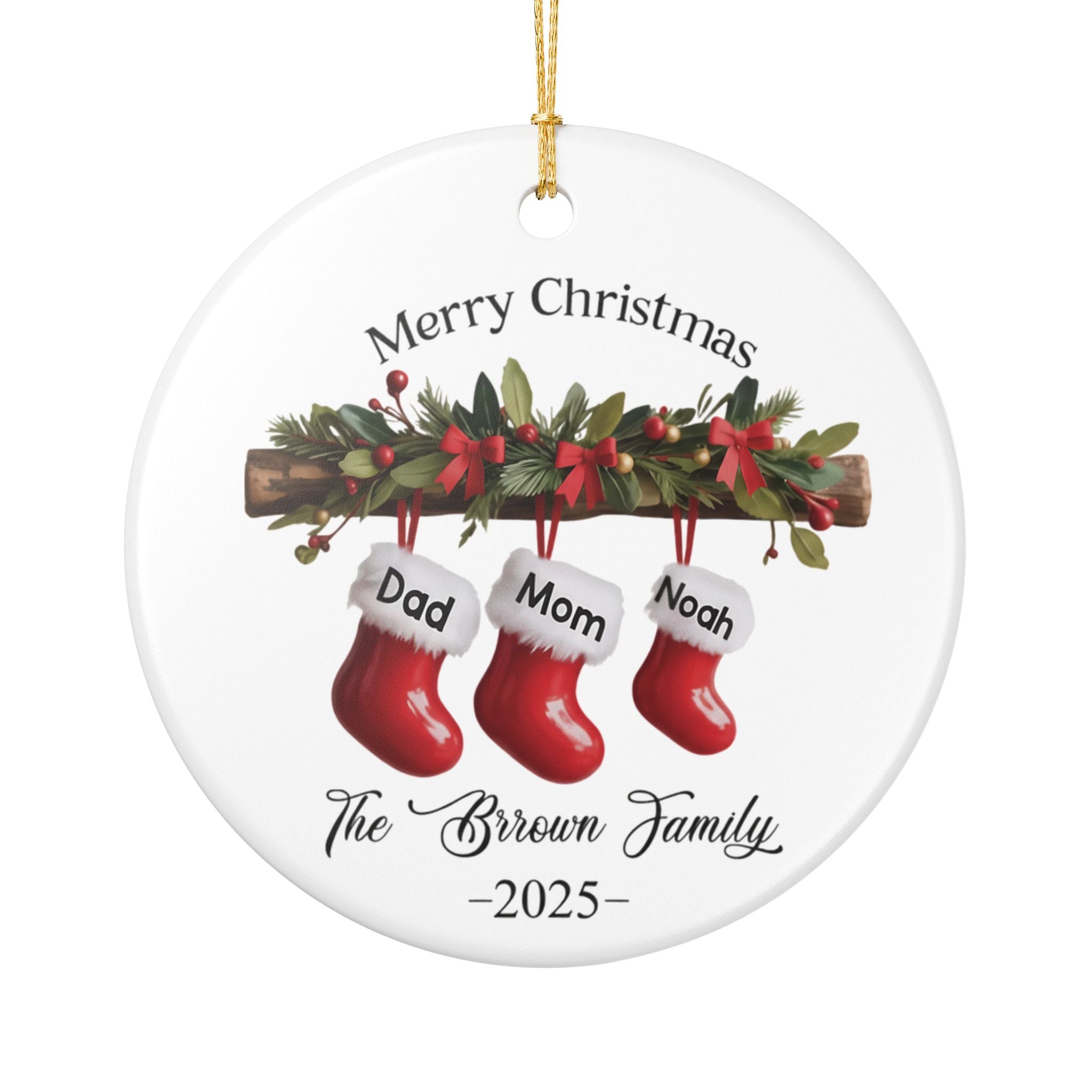 Personalized Family of Three Ceramic Christmas Ornament 2025, Custom New Family Ornament, Baby's First Christmas Ornament