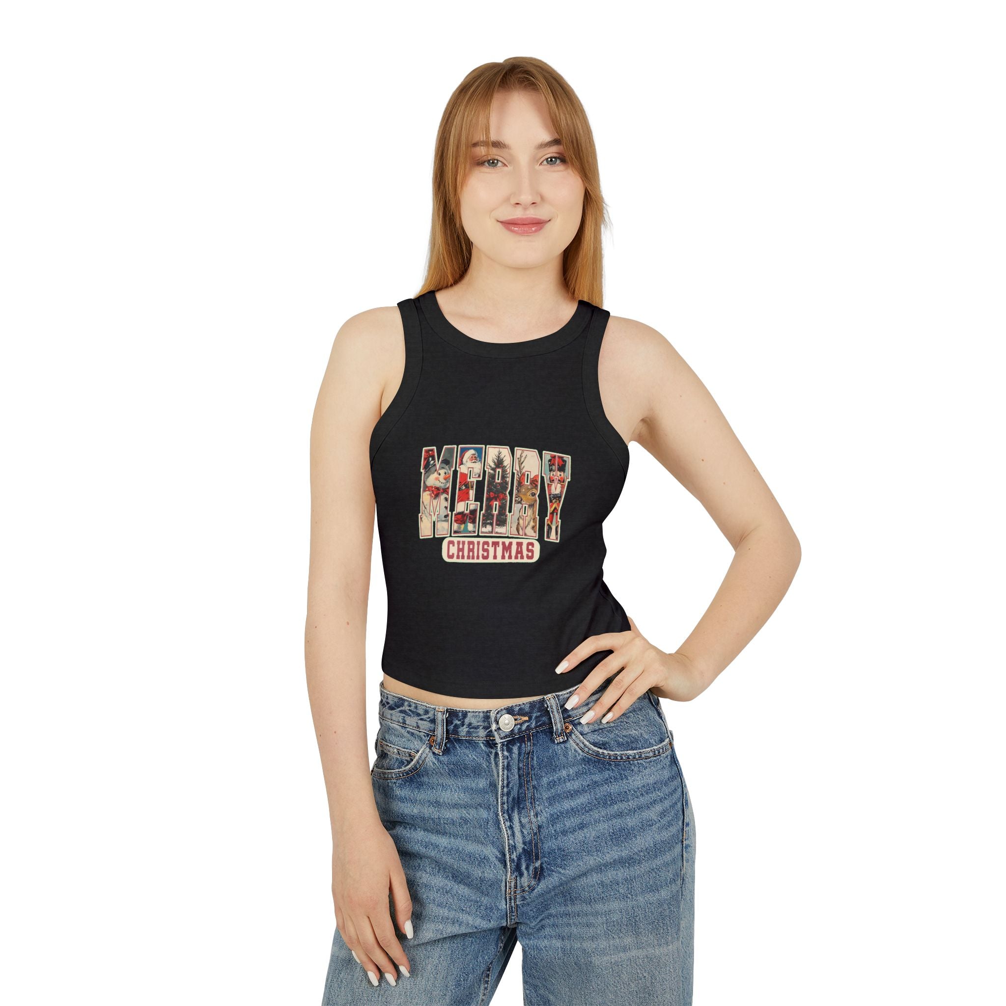 Merry Christmas Tank Top, Vintage Holiday Letter Design, Retro Santa Reindeer and Snowman Graphic Tee, Festive Christmas Gift Shirt