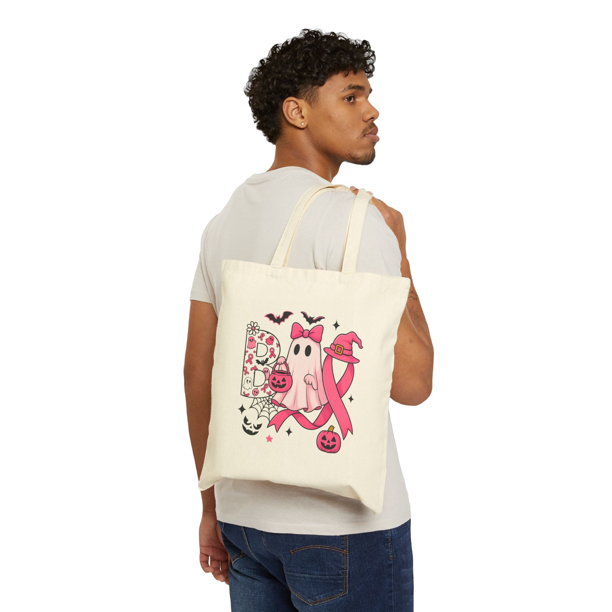 Pink Boo Ghost Tote Bag, Breast Cancer Awareness Halloween Bag, Cute Ghost with Bow and Pumpkin Tote, Spooky Season Gift for Her