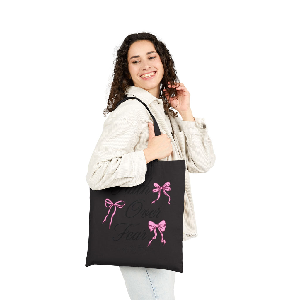 Faith Over Fear Tote Bag, Pink Bow Christian Quote Bag, Bible Verse Inspirational Tote, Coquette Aesthetic Faith Gift for Women