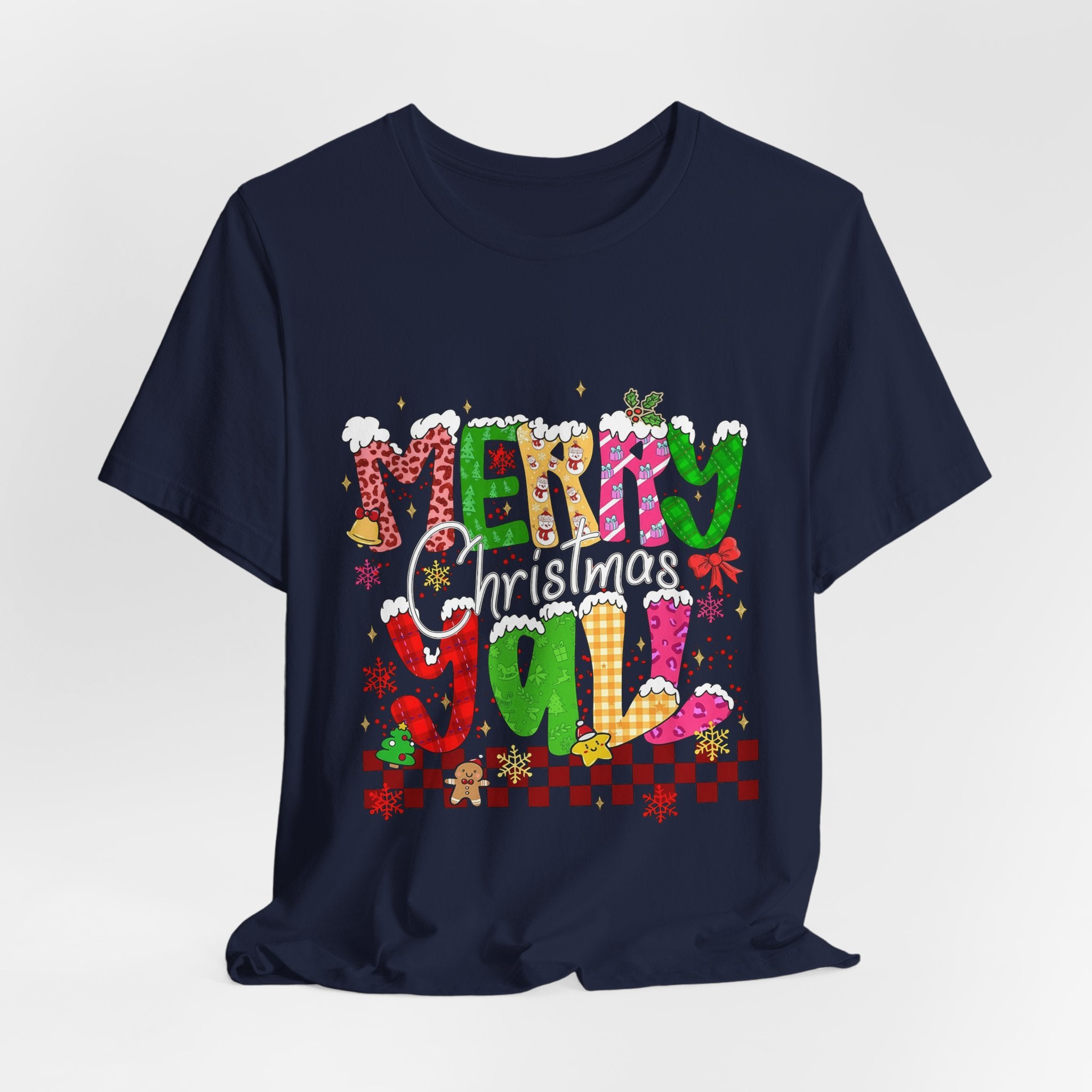 Merry Christmas Y’all Shirt, Colorful Christmas T-Shirt, Retro Holiday Tee, Cute Festive Graphic Tee for Women