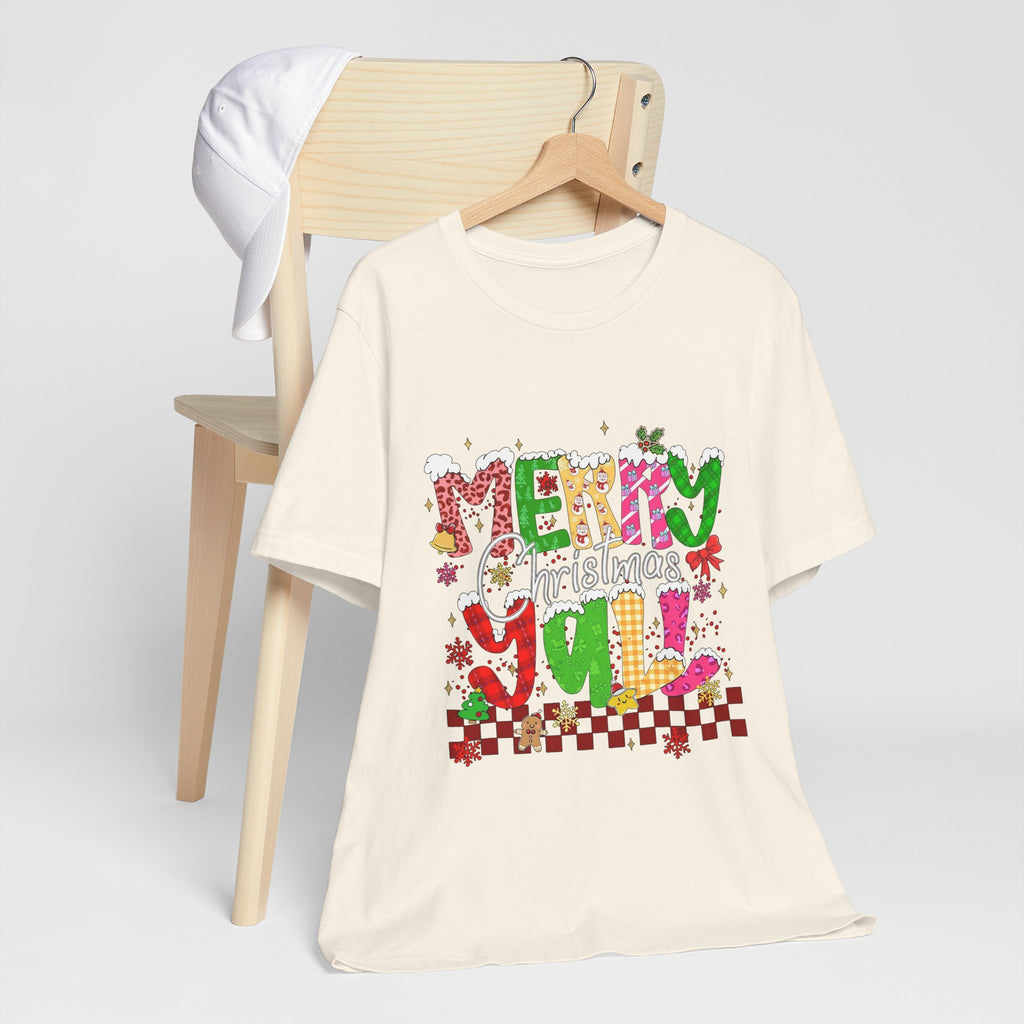 Merry Christmas Y’all Shirt, Colorful Christmas T-Shirt, Retro Holiday Tee, Cute Festive Graphic Tee for Women