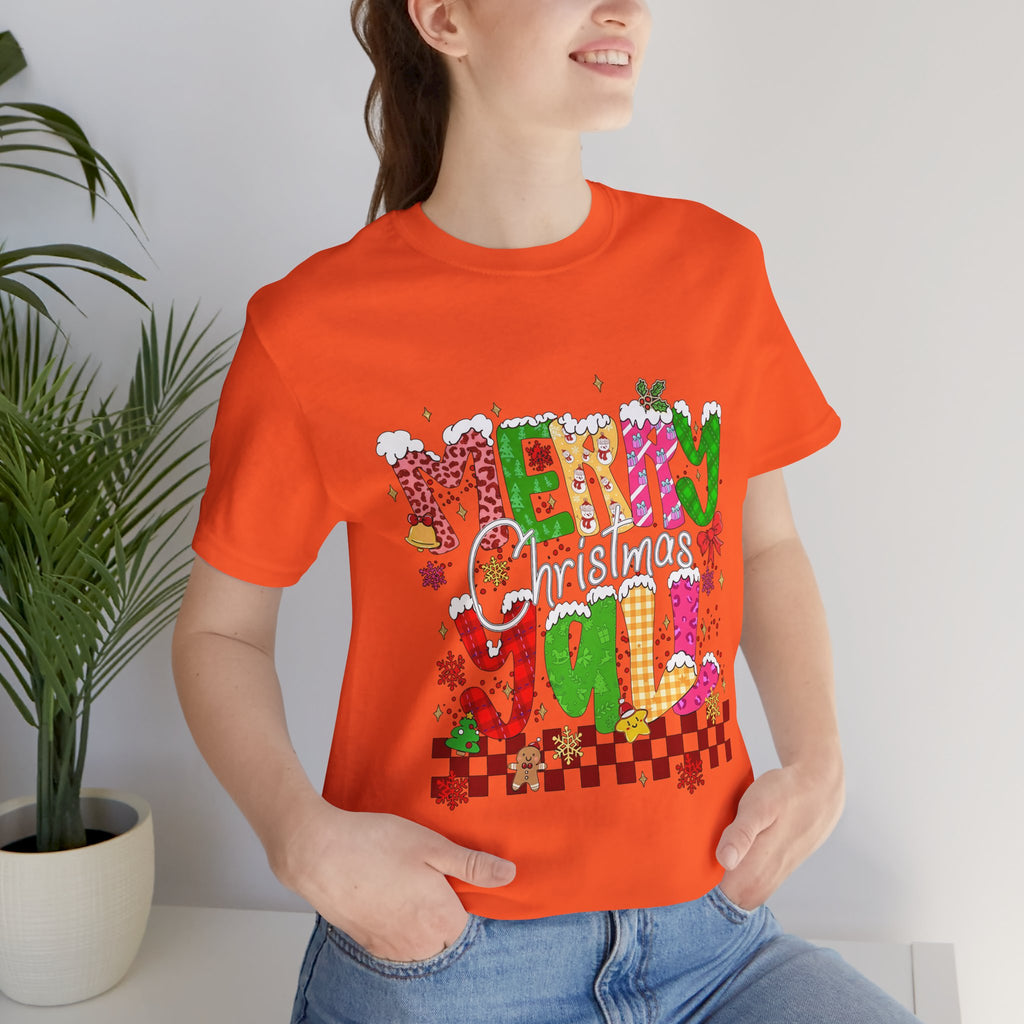 Merry Christmas Y’all Shirt, Colorful Christmas T-Shirt, Retro Holiday Tee, Cute Festive Graphic Tee for Women