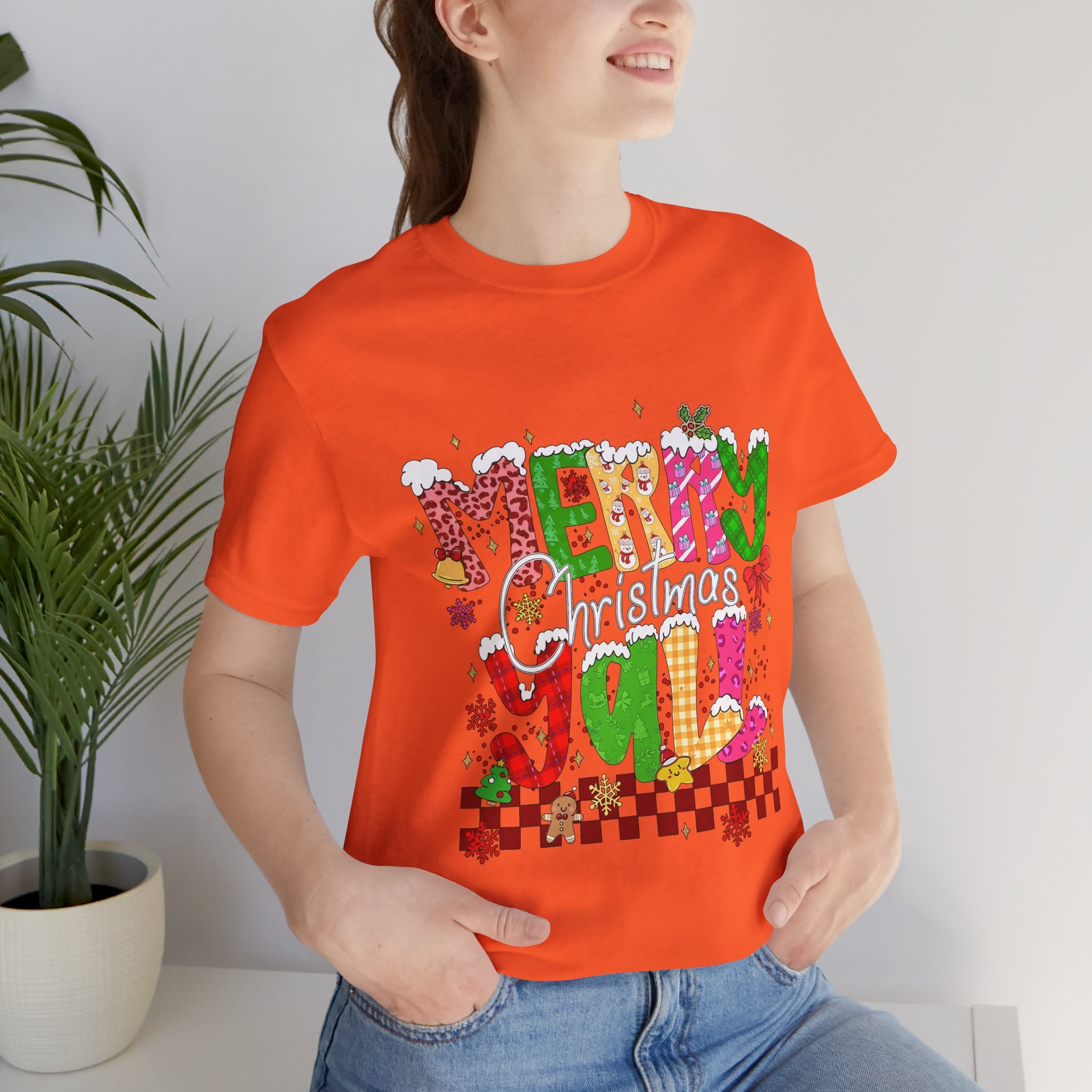 Merry Christmas Y’all Shirt, Colorful Christmas T-Shirt, Retro Holiday Tee, Cute Festive Graphic Tee for Women