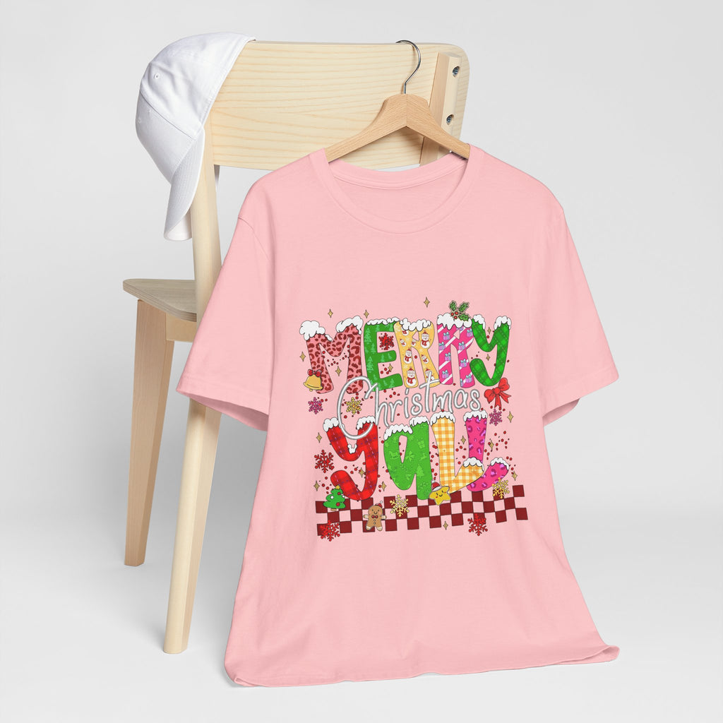 Merry Christmas Y’all Shirt, Colorful Christmas T-Shirt, Retro Holiday Tee, Cute Festive Graphic Tee for Women
