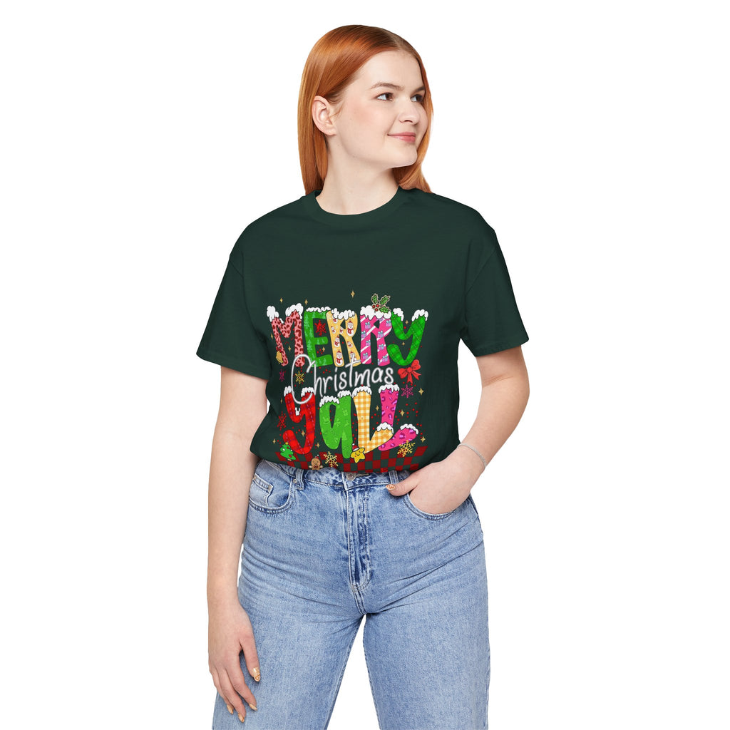 Merry Christmas Y’all Shirt, Colorful Christmas T-Shirt, Retro Holiday Tee, Cute Festive Graphic Tee for Women