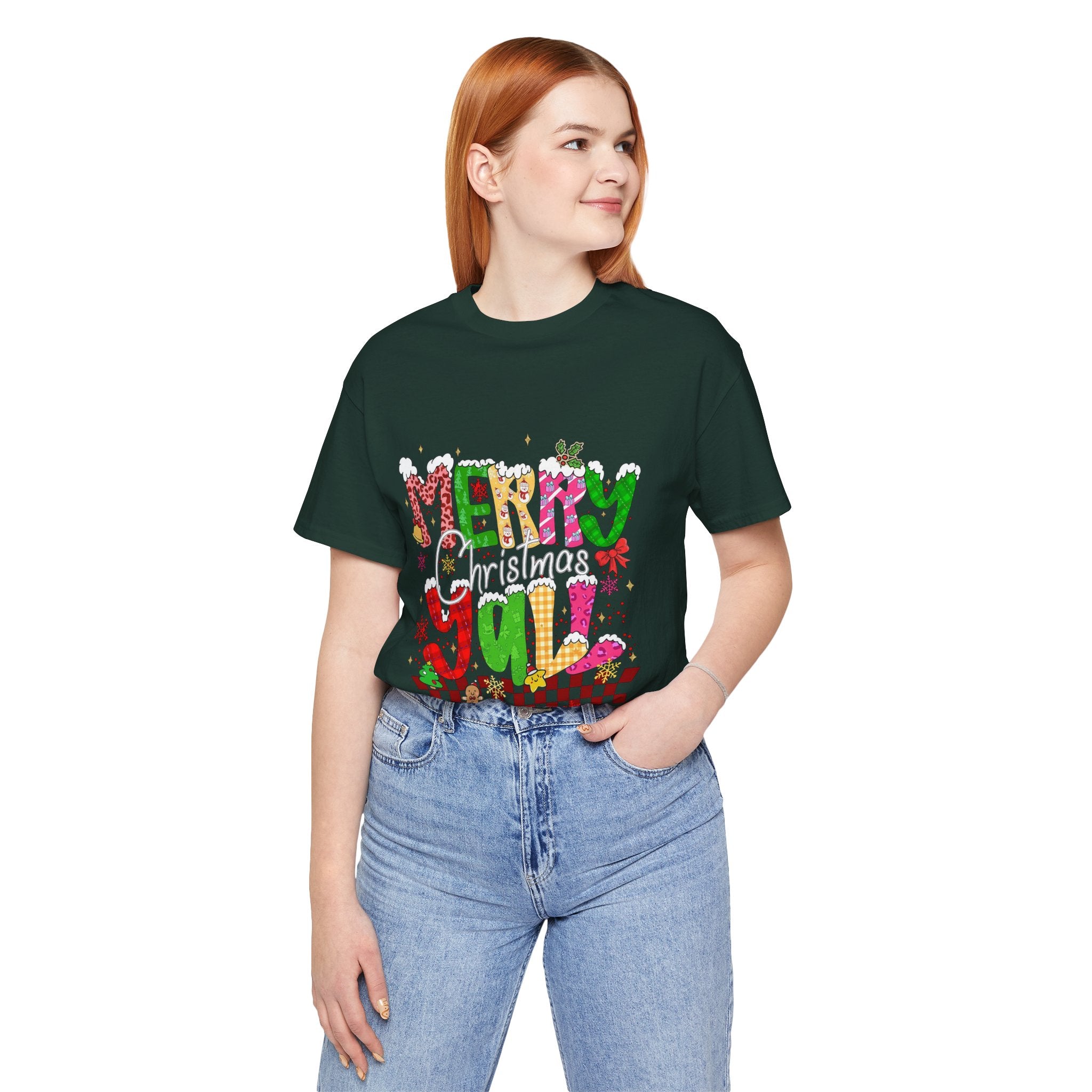 Merry Christmas Y’all Shirt, Colorful Christmas T-Shirt, Retro Holiday Tee, Cute Festive Graphic Tee for Women