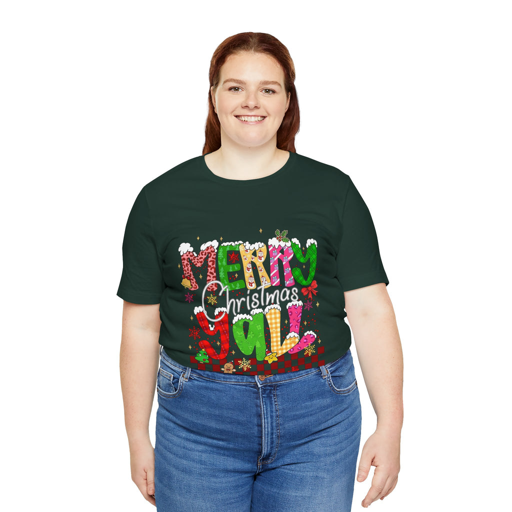 Merry Christmas Y’all Shirt, Colorful Christmas T-Shirt, Retro Holiday Tee, Cute Festive Graphic Tee for Women