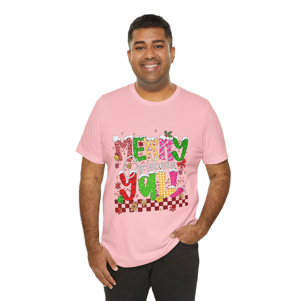 Merry Christmas Y’all Shirt, Colorful Christmas T-Shirt, Retro Holiday Tee, Cute Festive Graphic Tee for Women