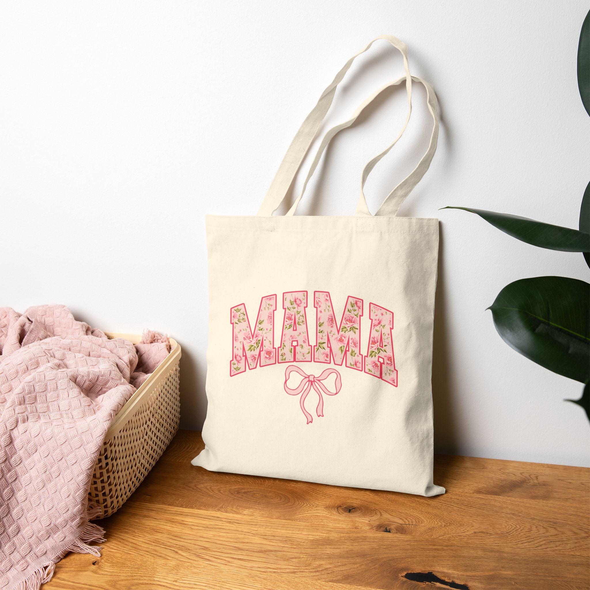 Floral MAMA Tote Bag, Pink Bow and Rose Print Design, Mother’s Day Gift Bag, Vintage Flower Mom Tote, Aesthetic Mama Carryall