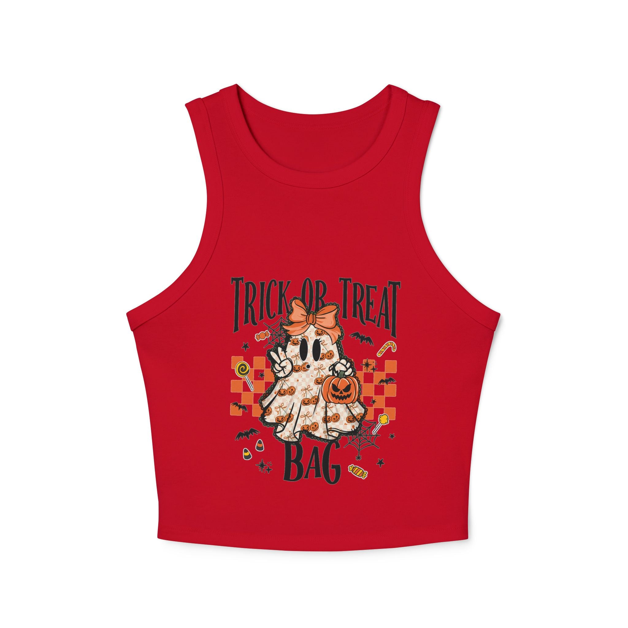Trick or Treat Ghost Tank Top, Cute Halloween Pumpkin Design, Spooky Season Candy Graphic Top, Fall Aesthetic Halloween Shirt