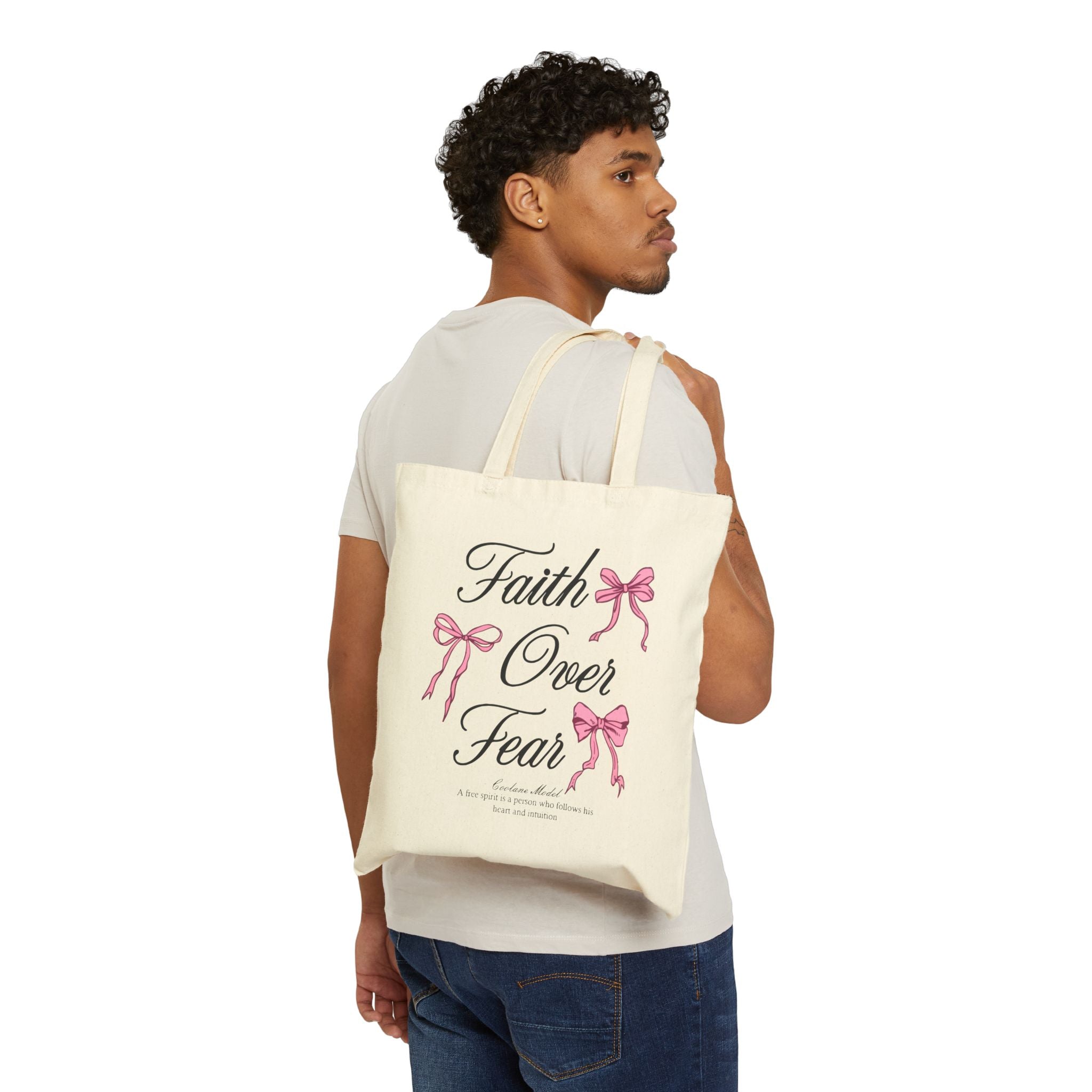 Faith Over Fear Tote Bag, Pink Bow Christian Quote Bag, Bible Verse Inspirational Tote, Coquette Aesthetic Faith Gift for Women