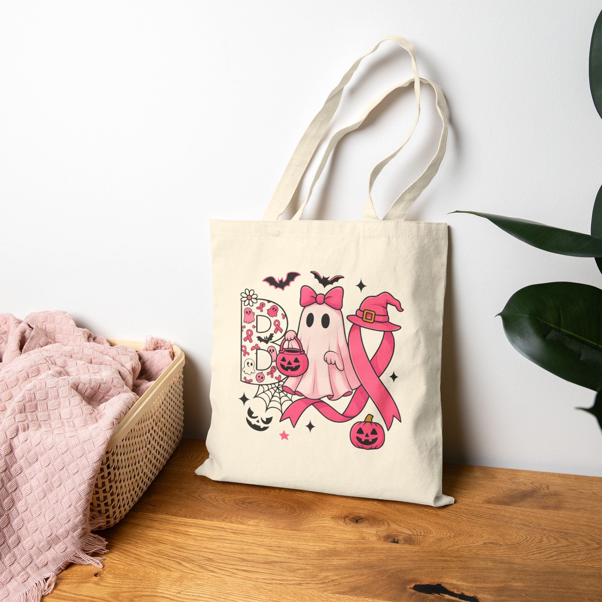 Pink Boo Ghost Tote Bag, Breast Cancer Awareness Halloween Bag, Cute Ghost with Bow and Pumpkin Tote, Spooky Season Gift for Her
