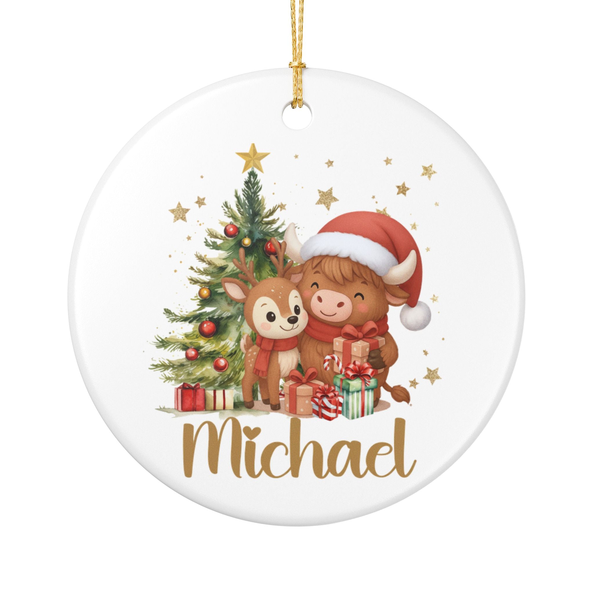 Personalized Christmas Ornament, Cute Highland Cow and Reindeer Design, Custom Name Holiday Gift, Kids Christmas Decoration