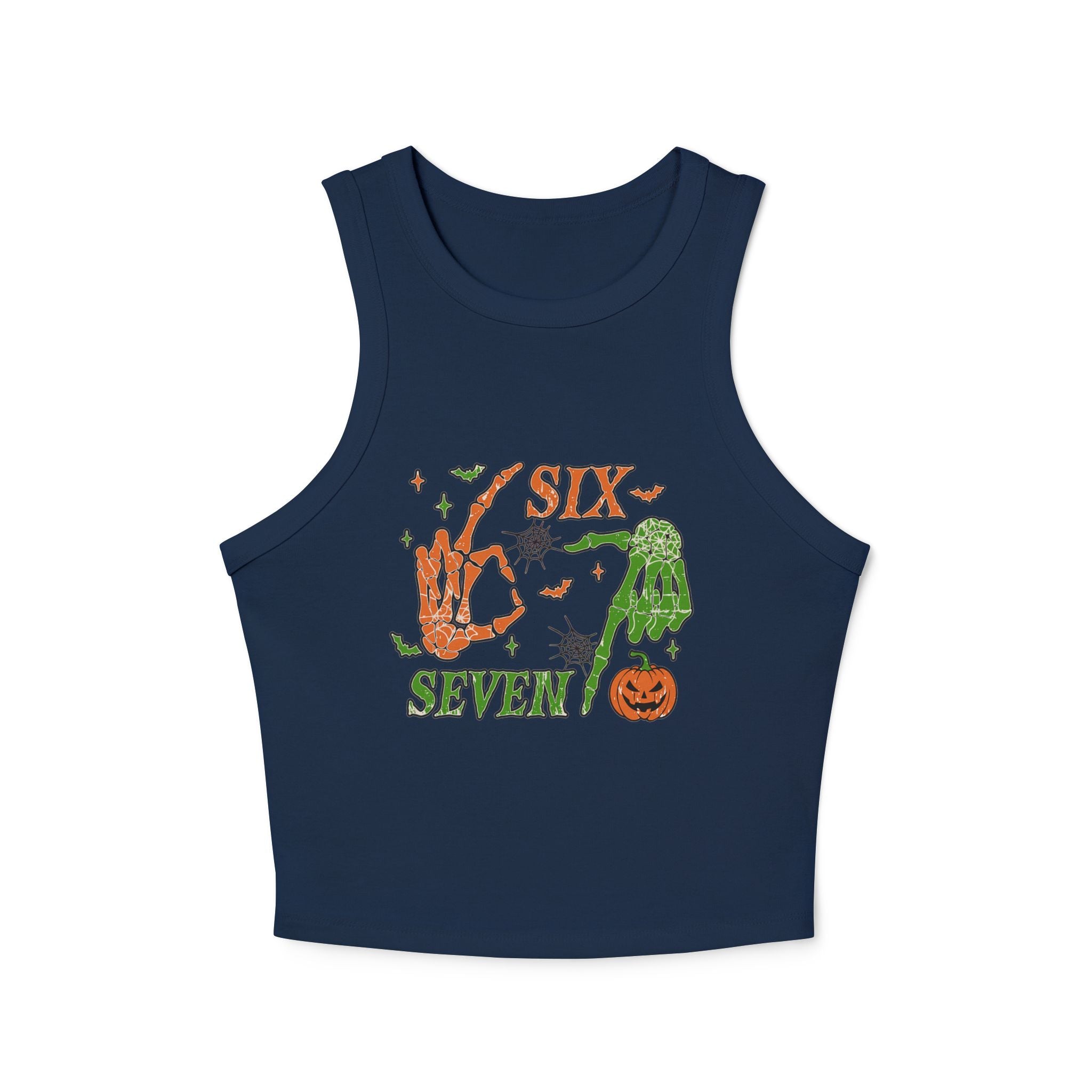 Halloween Six Seven Tank Top, Skeleton Hand Spooky Design, Pumpkin and Spider Web Graphic Tee, Funny Halloween Party Shirt, Trendy Tee
