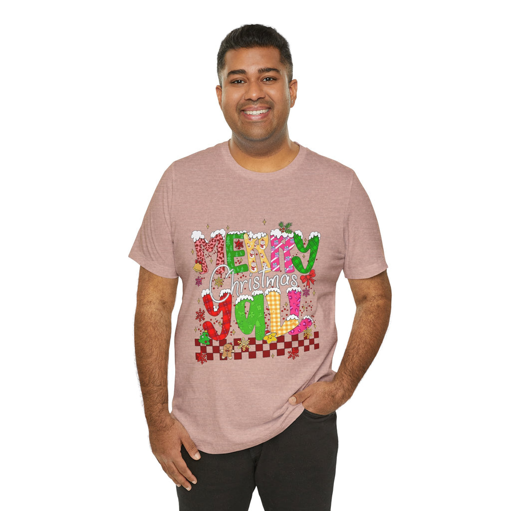 Merry Christmas Y’all Shirt, Colorful Christmas T-Shirt, Retro Holiday Tee, Cute Festive Graphic Tee for Women