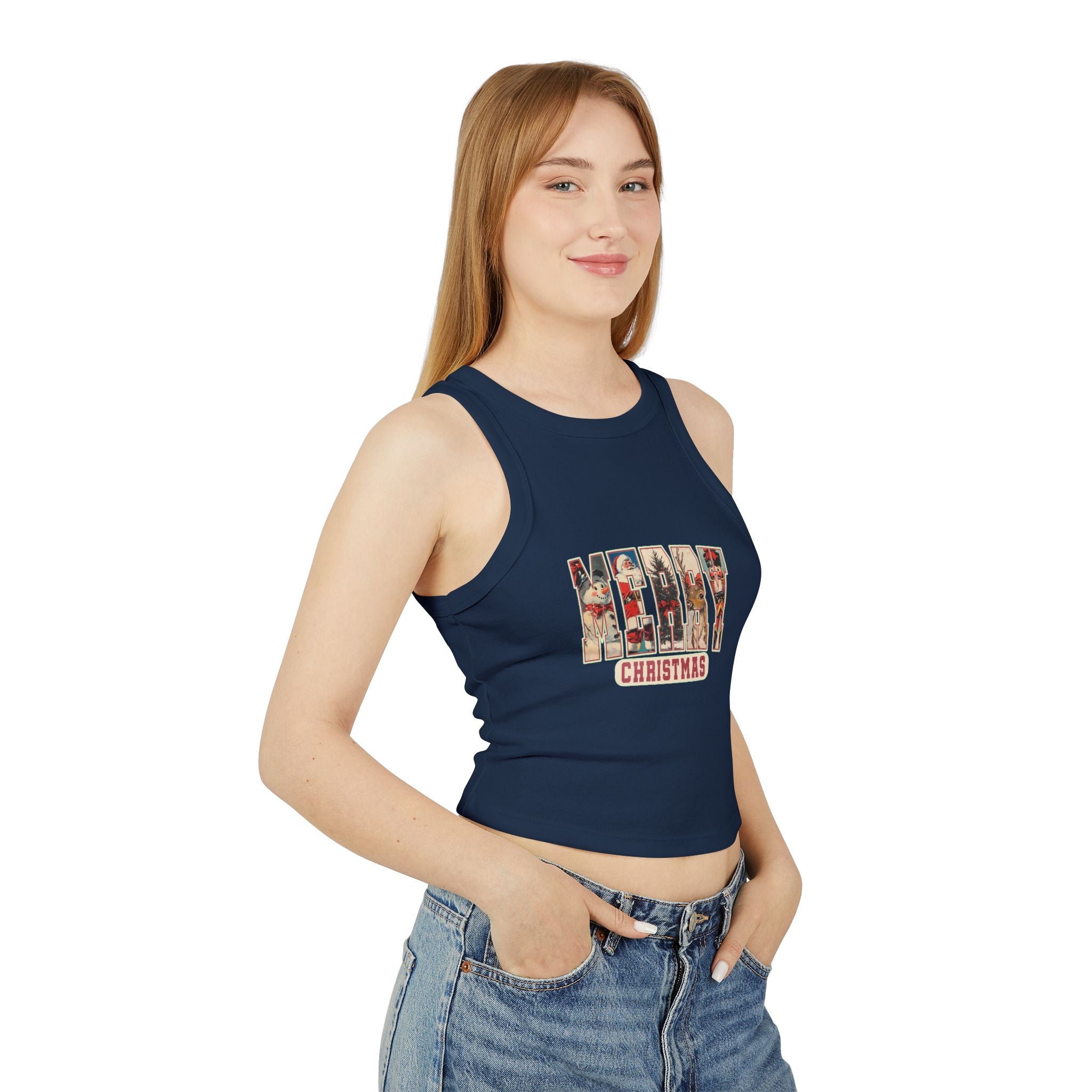 Merry Christmas Tank Top, Vintage Holiday Letter Design, Retro Santa Reindeer and Snowman Graphic Tee, Festive Christmas Gift Shirt