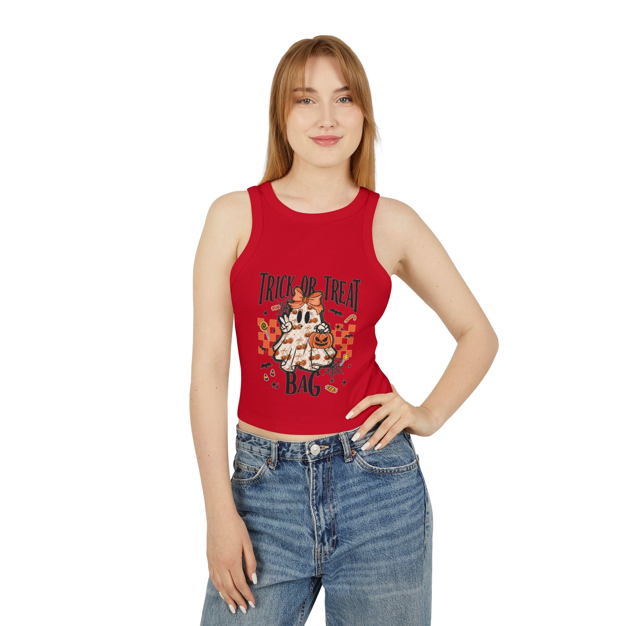 Trick or Treat Ghost Tank Top, Cute Halloween Pumpkin Design, Spooky Season Candy Graphic Top, Fall Aesthetic Halloween Shirt