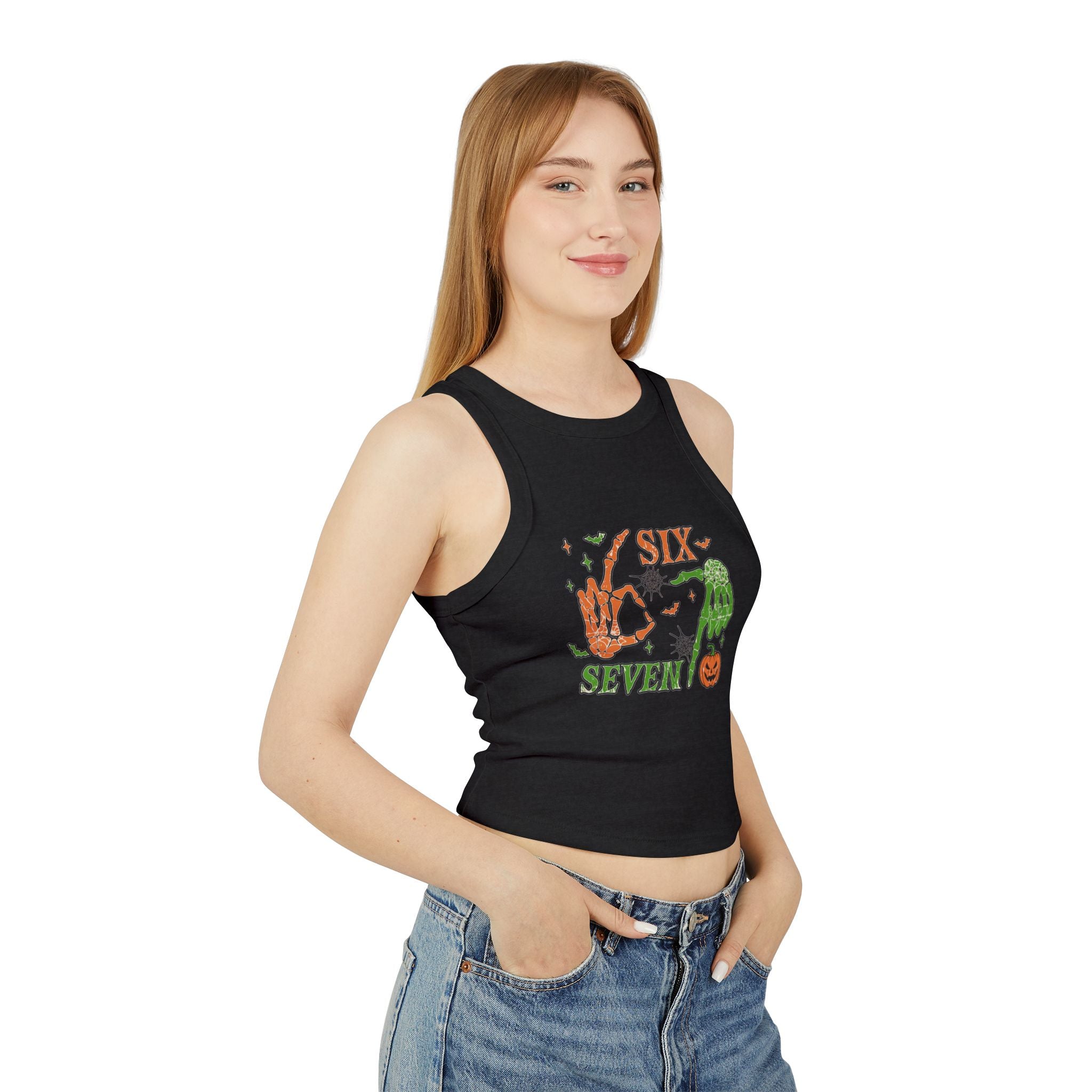 Halloween Six Seven Tank Top, Skeleton Hand Spooky Design, Pumpkin and Spider Web Graphic Tee, Funny Halloween Party Shirt, Trendy Tee