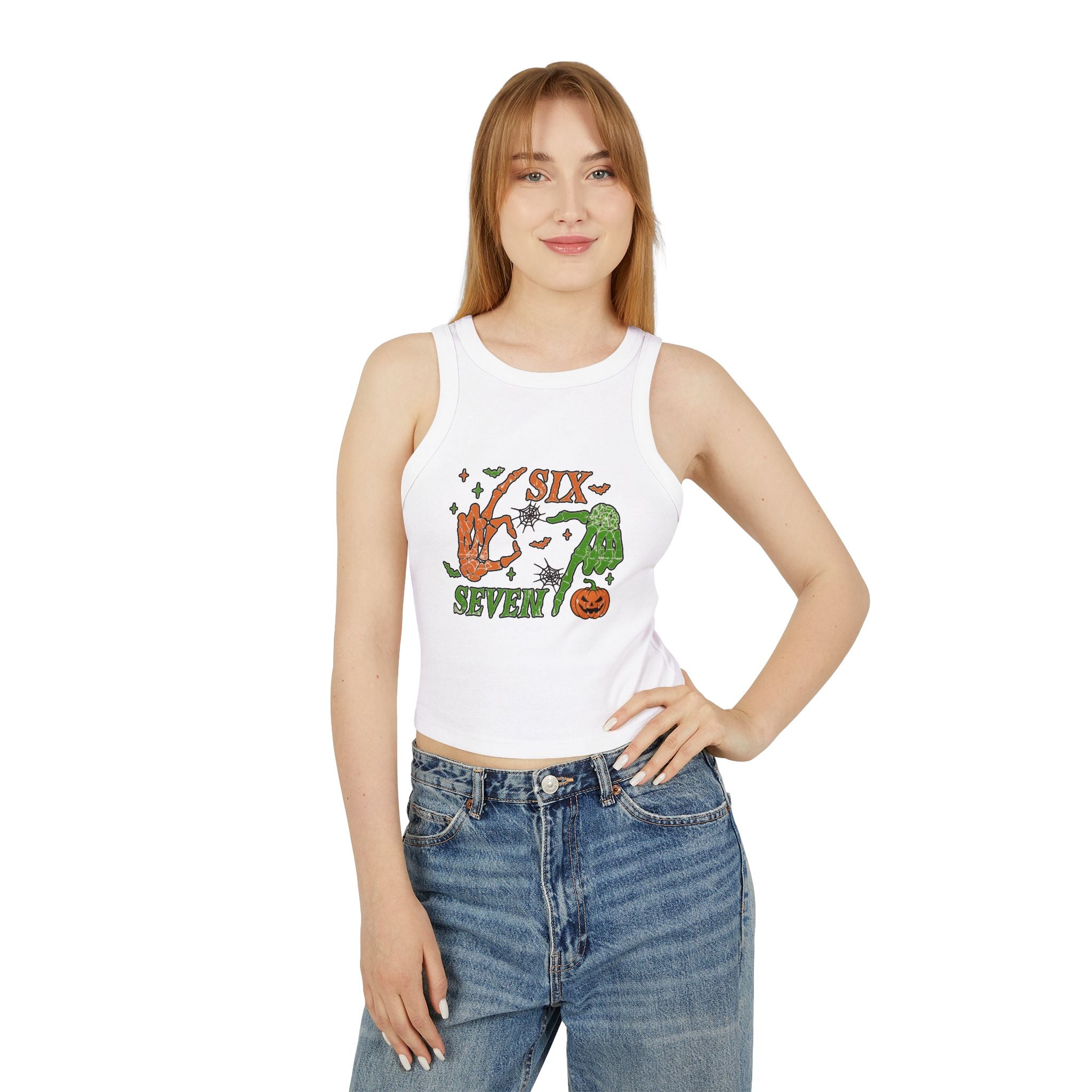 Halloween Six Seven Tank Top, Skeleton Hand Spooky Design, Pumpkin and Spider Web Graphic Tee, Funny Halloween Party Shirt, Trendy Tee